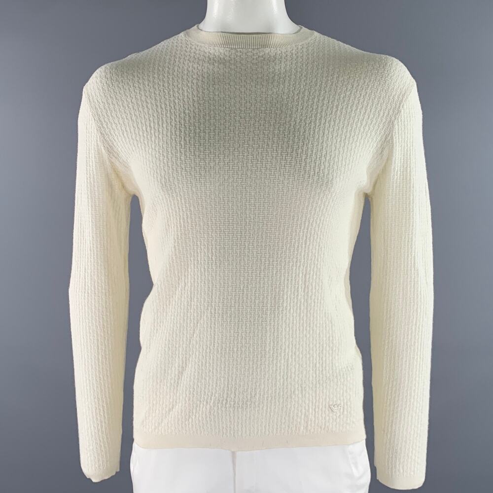 EMPORIO ARMANI Size XL Cream Waffle Knit Crew-Neck Pullover